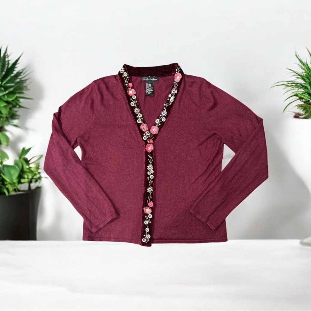 Vintage Burgundy Floral Beaded Velvet Trim Cardigan snap buttons Size S